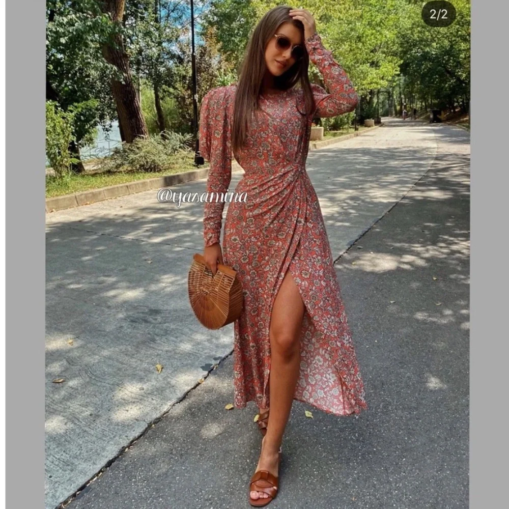 Zara FLORAL PRINTED DRAPED MIDI Flowy DRESS Long Sleeve Puff Shoulders Sz XS NEW - Picture 1 of 16